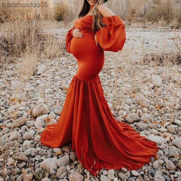 

maternity dress for p shoot women off shoulder chiffon long sleeves mermaid pregnancy maxi gown dress pgraphy props l230712, White