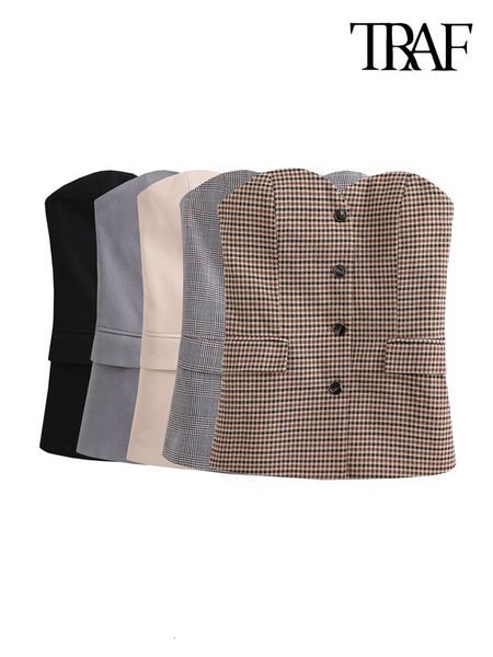 

women's tanks camis traf women fashion with flap strapless bustier vintage backless button-up female tank mujer 230713, White