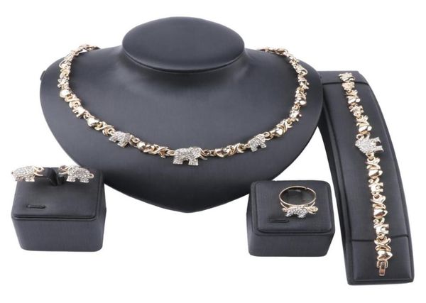 

african jewelry elephant crystal necklace earrings dubai gold jewelry sets for women wedding party bracelet ring set1847558, Slivery;golden