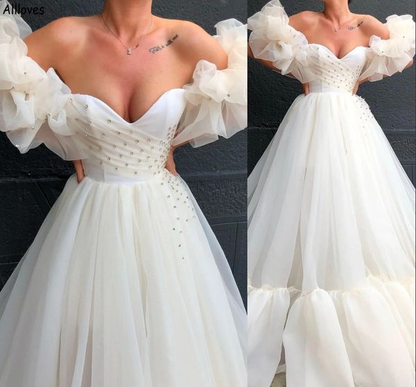

exaggerated off shoulder a line tulel wedding dresses ruched short sleeves sequined plus size women marriage gowns wedding reception party d, White
