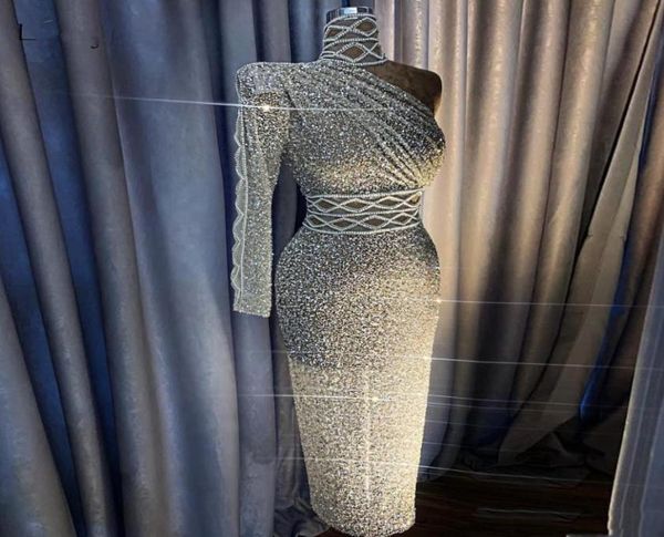 

2020 new sparkle silver sequined crystal straight prom dresses luxury one shoulder rhinestones prom gowns tea lengthhigh collar ve5257348, Black