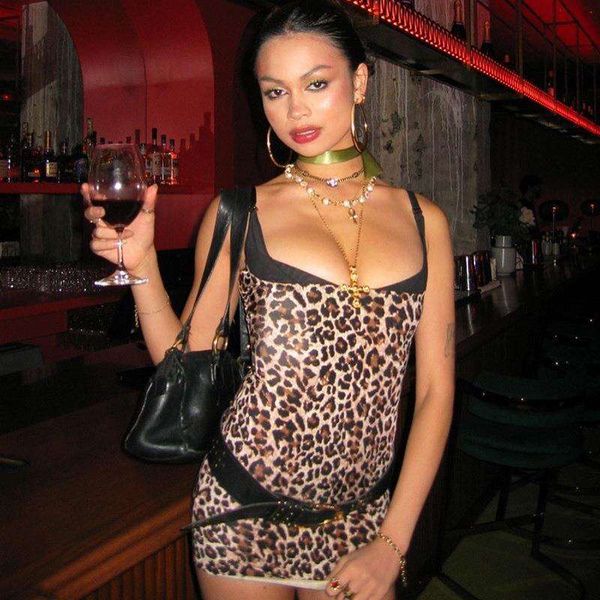 

summer leopard print girl style stitching mesh camisole dress wholesale, Black;gray