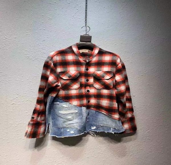 

men red plaid flannel patchwork denim distressed shirt oversize fit men039s casual shirts5409140, White;black
