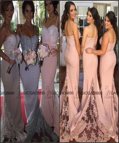 

2019 fashion peach blush mermaid beach bridesmaid dresses lavender spaghetti backless lace train maid of honor wedding guest c7877486, White;pink
