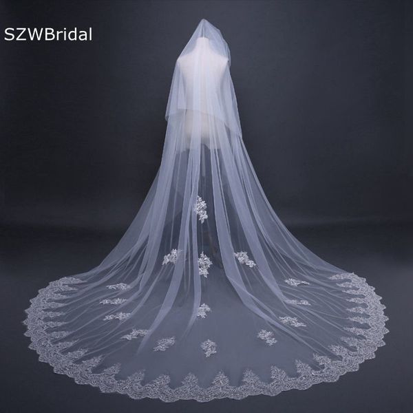 

wedding hair jewelry arrival ivory cathedral wedding veil two layers appliques lace bridal veils voile slub velo novia weeding accessoire 23, Slivery;golden