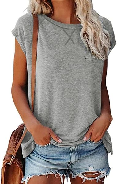 

womens short sleeve crewneck solid color loose t shirts tee with pocket, White