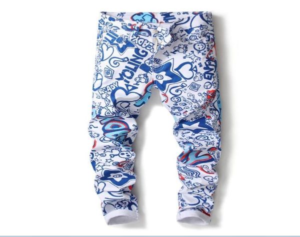 

spring men printed jeans more printing summer designer stretch trousers slim fit mens jeans denim pants 50037512964, Blue