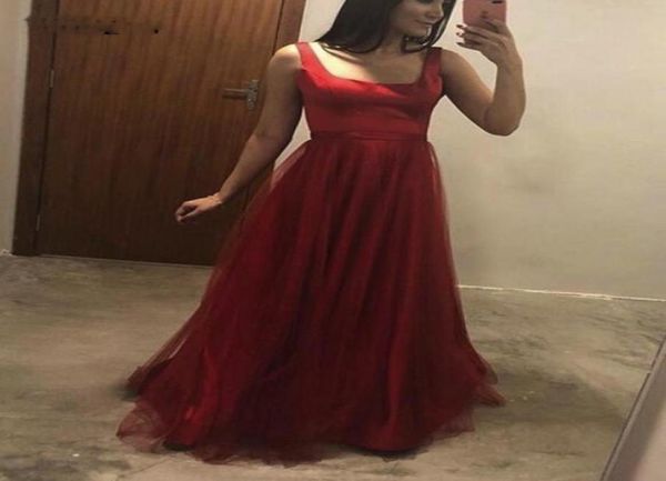 

square neckline aline prom dresses simple satin long tulle evening party gowns open back vestido de formatura9552547, Black;red