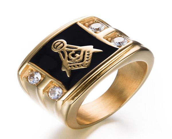 

nickle stainless gold silver color black enamel titanium steel mason masonic ring for men with crystal cz s2222934, Golden;silver