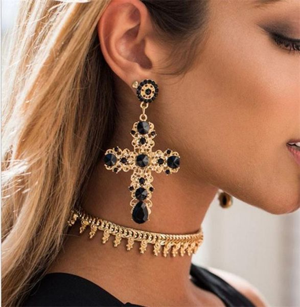 

vintage black red blue crystal hollow out cross dangle drop earrings for women bohemian large long earring jewelry gifts sd3545091, Silver
