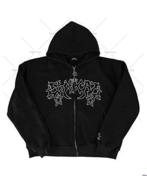 

mens hoodies sweatshirts 22ss american oversized monogram embroidered hoodie mens y2k goth punk harajuku street zipper couple loose sweatshi, Black