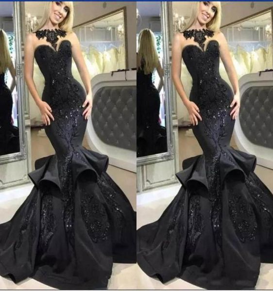 

2019 black mermaid prom dresses with ruffles lace applique sleeveless sweetheart custom made evening party dress formal occas4408025