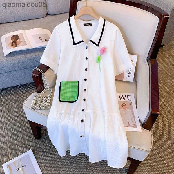 

plus size women short-sleeved dress pocket stitching 2023 summer new l230712, White