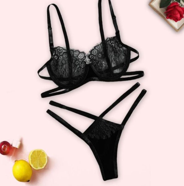 

thongs vstring panties transparent bra set lingerie set floral lace bralette summer sets ladies panty underwear 2108206241914, Red;black