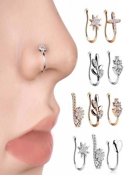 

1piece rhinestone rings star heart cross leaf fake nose piercing ear clips body jewelry2633762, Silver