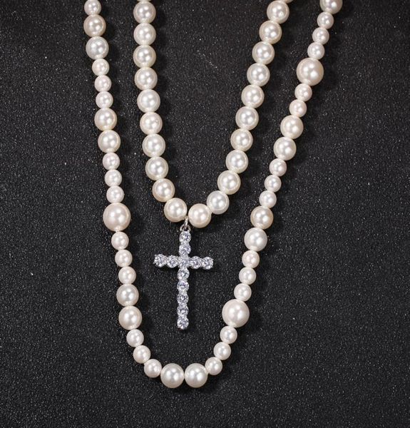 

cross pendant double pearl necklace sethiphop fashion neckalces810mm mix pearl cross pendant necklace nns13159042924, Silver