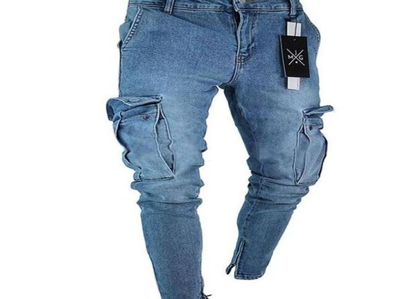 

new men denim pants ripped hole jeans fashion hip hop skinny pencil jeans for men stretch patchwork pocket cargo pants8451043, Blue