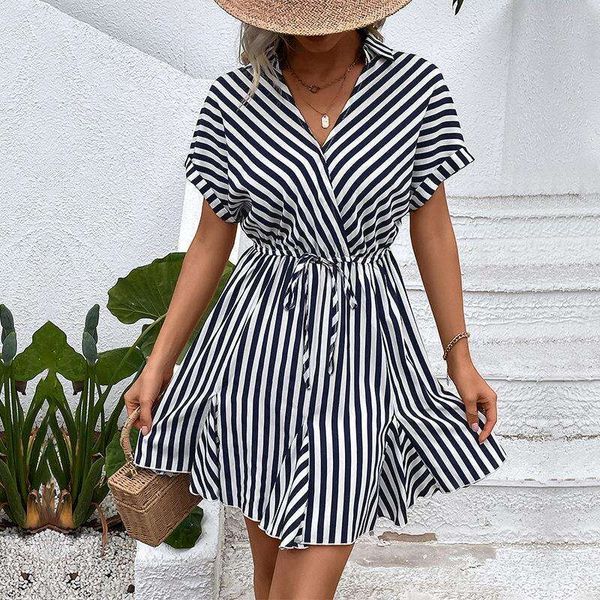 

waist slimming dress summer polo collar stripes shirt, Black;gray