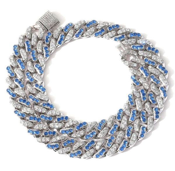 

hip hop blue white cubic zirconia paved iced out cuban chokers necklaces luxury bling cz link chain for men women jewelry gift5773245, Silver