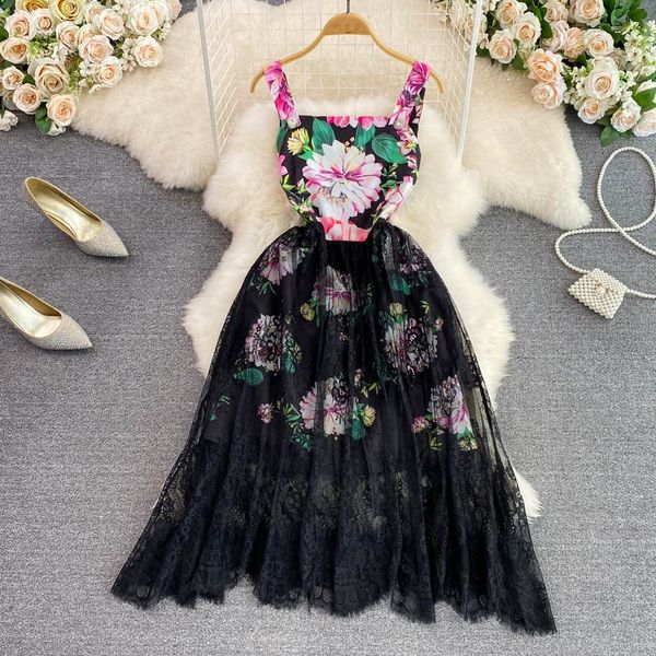 

summer high-class light luxury slip dress fashionable high waist slim screen printed sleeveless a-line dress, Black;gray