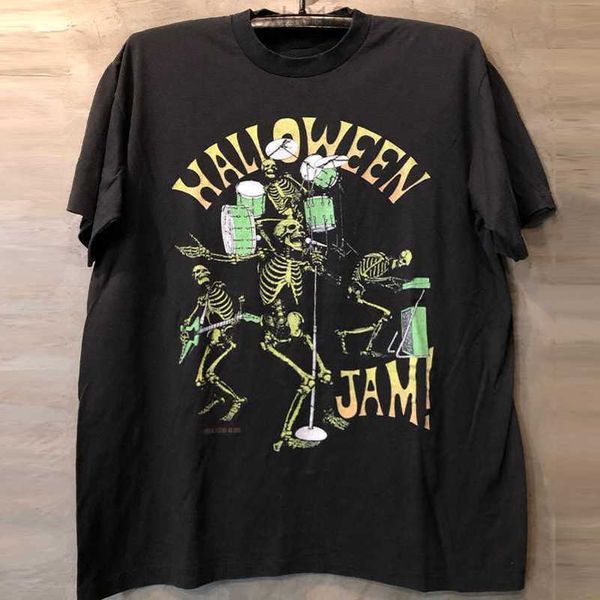 

designer halloween rock skull punk style punk trendy shoulder drop short sleeve cec street men's and women's t-shirt, White;black