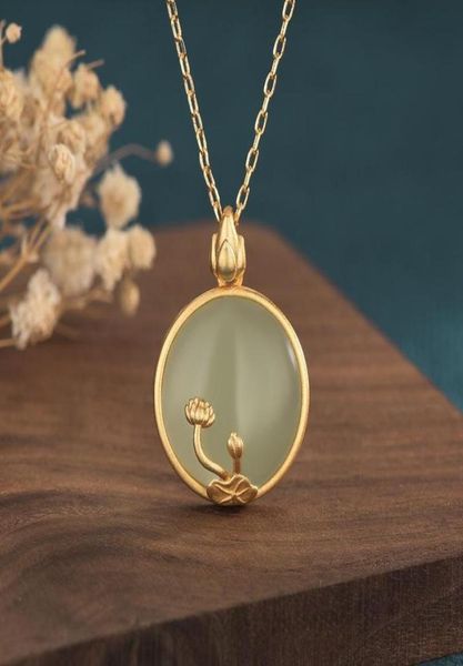 

chinese retro court style design jade inlaid round gold lotus pendant classic lady necklace jewelry gift necklaces8070485, Silver