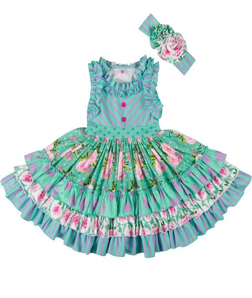 

new summer girl dress children sleeveless striped floral printed ruffle cotton dresses with headband vintage beach kids clothes9265181, Red;yellow