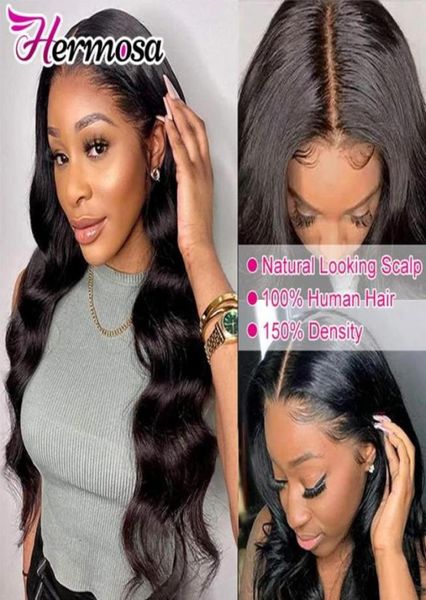 

lace wigs hermosa body wave wig 4x4 closure for women remy brazilian human hair preplucked with baby70663032334691, Black;brown