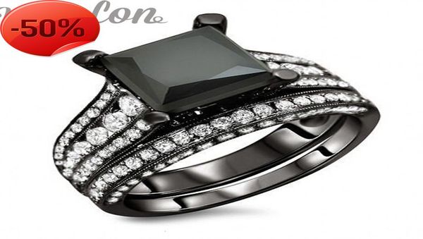 

vecalon trendy wedding band ring set for women 4ct black cz diamond ring 10kt blimulated diamond gold filled female party7101977, Slivery;golden