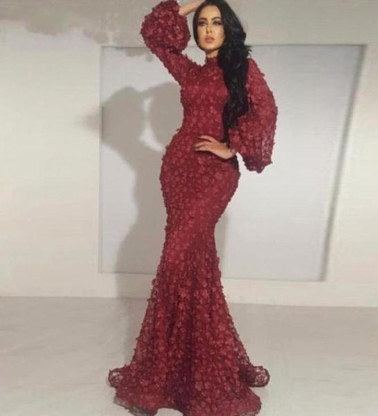 

burgundy full petals appliqued evening dresses high neck long sleeves mermaid prom dresses glamorous middle east lace evening gown5992965, Black