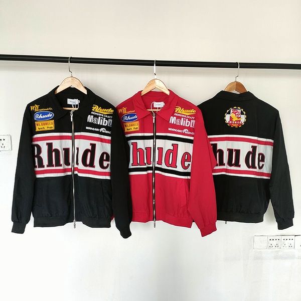 

fashions rhude mens designer coat of arms embroidered letters brand design men aviator jackets spring long sleeve coat jacket cn size s-xl, Black;brown