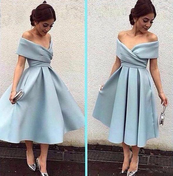 

modest short party dresses off the shoulder knee length light blue satin backless arabic dress prom cocktail gowns bridesmai8543637, Black