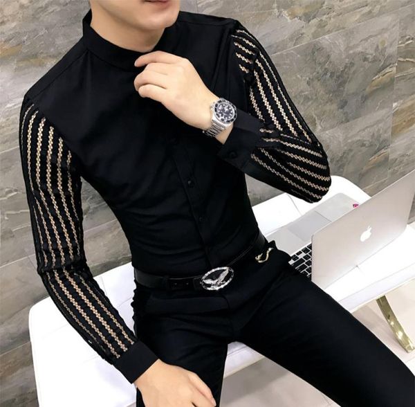 

mens shirts black white lace hollow patchwork long sleeve shirt luxury party promshirt nightclub male hairdresser bar dj handsome 6931168, White;black