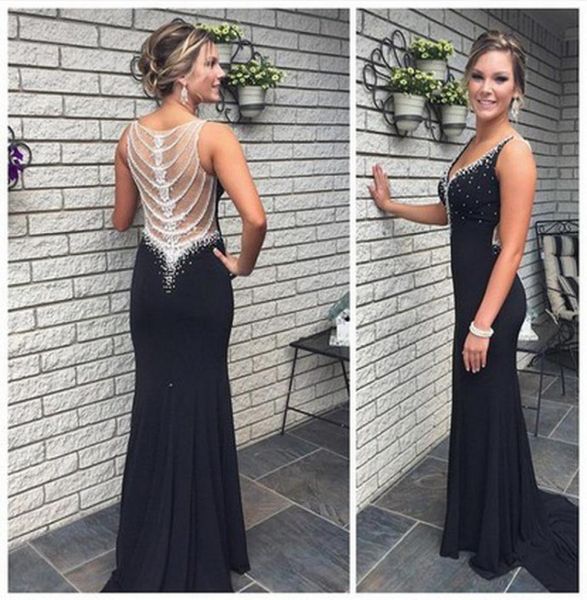 

see though back with shining crystal prom dresses 2019 v neck black chiffon beaded party gown occasion dresses for women9610490
