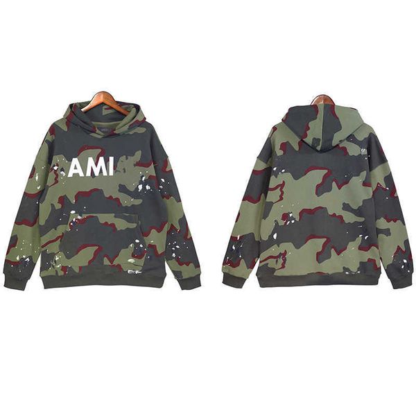 

ami autumn and winter new camouflage army green hooded sweater for men and women loose ins fashion couples same casual coat, Black