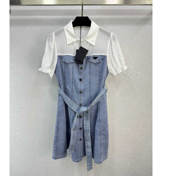 

23ss summer dress womens designer clothing women dresses lapel patchwork shirt denim lace-up short-sleeved dress womens clothing a1, Black;gray