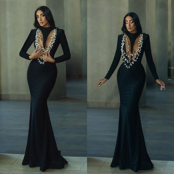 

mermaid prom dresses jewel long sleeves hollow pearls chain floor length backless zipper custom made plus size party dress vestido de noite, Black