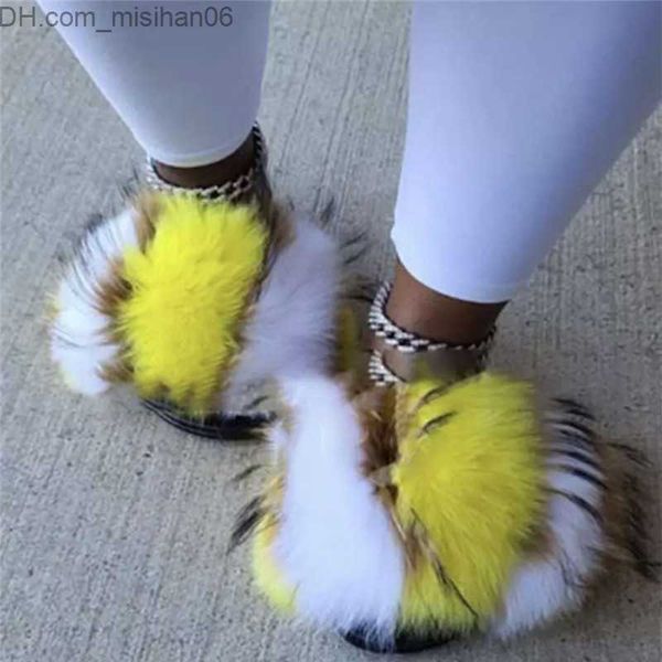 

slippers women's colorful fox fur slider women's fluffy slider women's cute plush sandals women's fashion flip luxury ho, Black