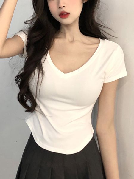 

women's t-shirt v-neck short sleeve tshirt women summer pure color slim y2k crop female irregular basic tees outwear elegant blouse 23, White