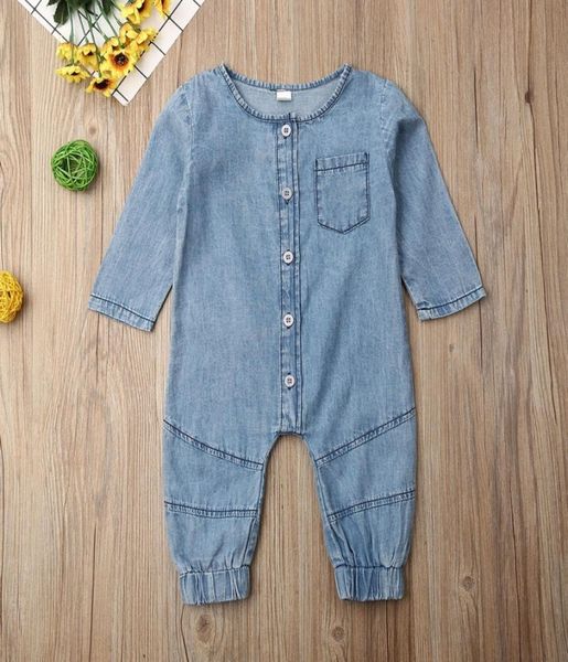 

spring autumn baby clothing long sleeve romper denim solid jumpsuit pocket outfits newborn kids baby girl boy clothes 2010274999740, Blue