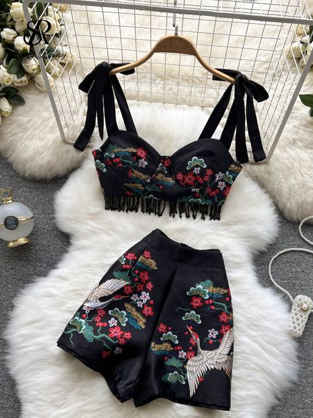 

women s two piece pants singreiny print chinese women summer set zipper 2 sets tassel retro slim vacation beach 230713, White