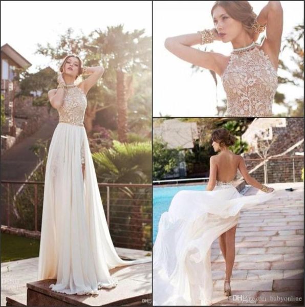 

bohemian sheath wedding dresses a line halter neck backless high side split appliques lace chiffon beach bridal gowns cps2318532606, White
