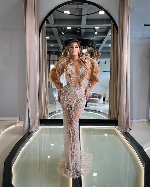 

mermaid prom dresses long sleeves v neck appliques sequins beaded diamonds floor length 3d lace hollow evening dress plus size bridal gowns, Black