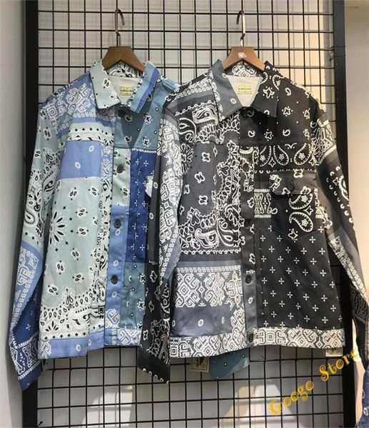

hiphop classic cashew flower printing kapital denim shirt men women quality purple blue gray cowboy long sleeve 237009, White;black