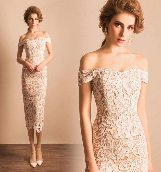 

cocktail dresses off the shoulder ivory lace with nude lining lace party dress tea length zipper back 642233, Black