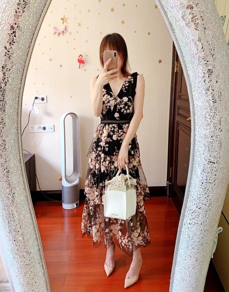 

new s-elf portrait black mesh sequin embroidered open back v-neck high waist dress, Black;gray