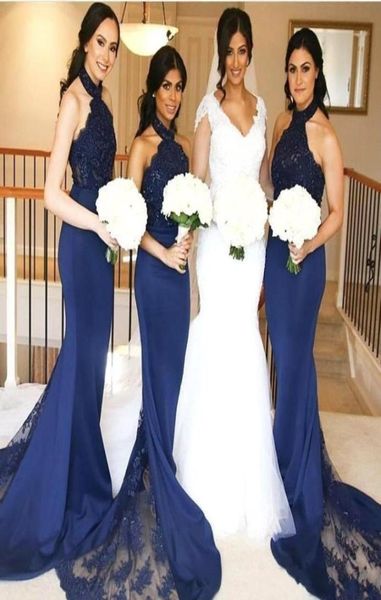 

2019 navy blue mermaid bridesmaid dresses halter neck with lace maid of honor gowns long formal wedding guest dresses custom4947789, White;pink