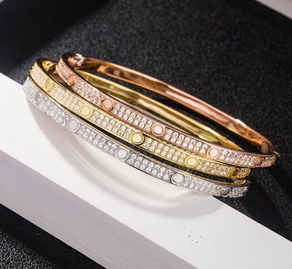 

fashion full diamond bangle stainless steel open cuff bracelet for women men two row stone bangles 3 colour selct gold silver rosy1582539, Black