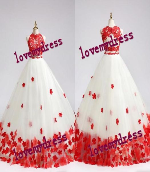 

2022 hand made flowers quinceanera prom dresses two pieces sheer jewel neck applique red lace bead sweet 16 dress graduation party3098627, Blue;red