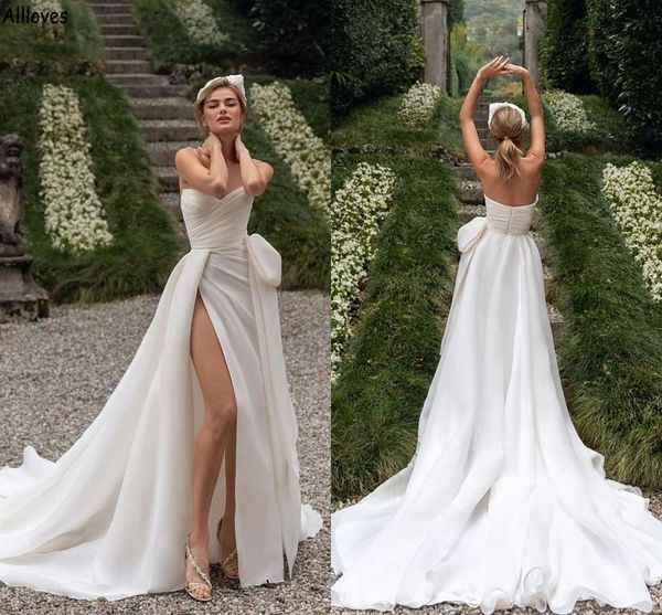 

thigh split a line wedding dresses overskirts sweetheart pleated summer beach bridal gowns long train bride boho garden reception party robe, White